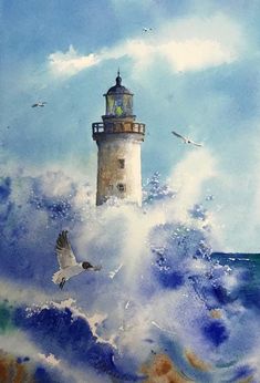 a painting of a lighthouse in the middle of a large wave with seagulls flying around