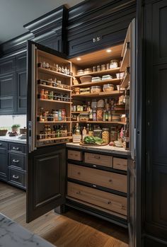 an open refrigerator in a kitchen with lots of food on the shelves and cupboards