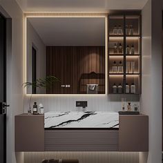 a modern bathroom with marble counter tops and shelves on the wall, along with an illuminated mirror