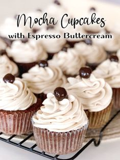 chocolate cupcakes with espresso buttercream on a cooling rack