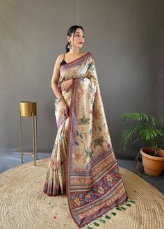 Kalamkari print saree blouse for women, designer wedding saree with rich pallu, semi silk saree for function, Indian ethnic wear for festive Saree Details:  Saree Color: 1) Brown 2) Maroon 3) Navy  Saree Length: 5.5 Meter Saree Fabric: concept semi silk  Saree Work : Beautiful pallu and border all over the saree with tassels  Digital Kalamkari print  Blouse Details : Blouse Color: Matching. Blouse Length: 0.8meter Blouse Fabric : Running  Blouse Work : Plain Blouse wear by model is just for mode Saree For Function, Brown Silk Saree, Kalamkari Prints, Kalamkari Print, Party Wear Lehenga Choli, Print Saree, Kalamkari Saree, Party Kleidung, Plain Blouse