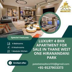 a flyer for a luxury 4 bhk apartment for sale in thane west