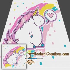 a cross stitch unicorn with a heart on it's forehead and the words hooked creations