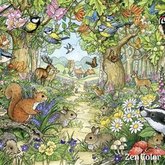 an image of a forest scene with animals and birds in the trees, flowers and butterflies