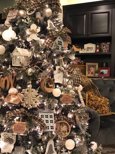 a decorated christmas tree with ornaments on it