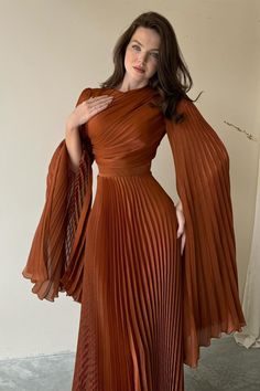 Modest High Fashion, Custom Dress Form, Long Sleeve Formal Dress, Modest Prom Dress, Pleated Long Dress, Floral Dress Formal, Evening Dress Fashion, Flare Sleeves, Brown Long Sleeve