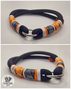 two different bracelets with orange, white and black beads on each one side are shown