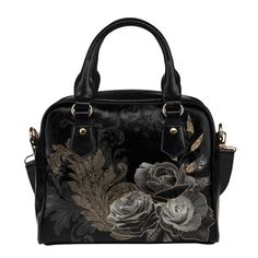 "Looking for a chic and edgy addition to your gothic wardrobe? This Black Roses Goth Shoulder Bag Bowler Bag Purse is the perfect accessory for you! It's made with high-quality synthetic leather that can withstand wear and tear, while the eye-catching black rose design adds a unique and fashionable touch. With a spacious interior, this bag has enough room to keep all your essentials organized. Whether you're heading to a concert, party, or just out and about, this purse will complete any outfit. Black Rose Design, Gothic Wardrobe, Roses Gothic, Concert Party, Bowler Bag, Vegan Purses, Black Roses, La Rose, Purse Styles