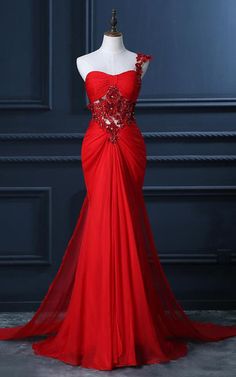 Red Long Prom Dress, Robes D'occasion, One Shoulder Prom Dress, Lace Beading, Chiffon Evening Dresses, Beaded Chiffon, Red Prom, Chiffon Prom Dress, Red Prom Dress