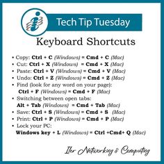 the tech tip tuesday keyboard shortcuts with instructions for how to use it and how to use them