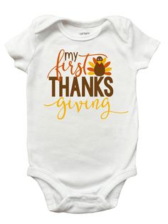 Dress your baby up with a "My First Thanksgiving" romper to celebrate your child's first Thanksgiving! The rompers are 100% cotton. The art is created using heat pressed vinyl. The onesies are Carter's brand and are pre-washed. We have the following sizes available: Newborn (Up to 21.5" Height / 5 - 8lbs)3 Months (21.5" - 24" Height / 8 - 12.5lbs)6 Months (24" - 26.5" Height / 12.5 - 16.5lbs)9 Months (26.5" - 28.5" Height / 16.5 - 20.5lbs)12 Months (28.5" - 30.5" Height / 20.5 - 24.5lbs)18 Month Boys Thanksgiving Shirts, Thanksgiving Onesie, My First Thanksgiving, Holiday Onesies, Thanksgiving Baby, Shirt Label, First Thanksgiving, Gamer Shirt, Cute Shirt Designs