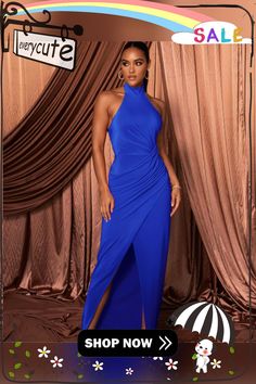 Solid Color Halter Neck Backless Ruched Evening Dress Ruched Draped Maxi Dress For Date Night, Sleeveless Ruched Maxi Dress For Dinner, 1 Million, Halter Neck, Evening Dress, Evening Dresses, Shop Now, Solid Color, Color