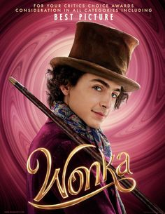 the movie poster for wonka with an image of a man wearing a top hat and holding