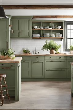 a kitchen with green painted cabinets and wooden flooring is pictured in this image, there are plants on the counter