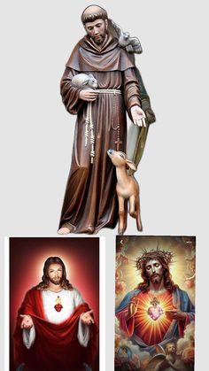 the statue of jesus and his dog is shown in three different pictures, including one of which