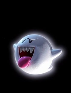 an animated ghost with its mouth open and tongue out in the dark, it appears to be smiling