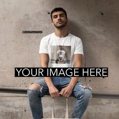 a man sitting on top of a bag with the words your image here in front of him