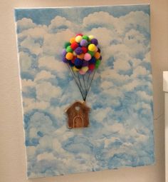 a painting of a house with balloons floating in the air above it on a blue and white background