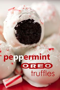 peppermint oreo truffles on a plate with candy canes