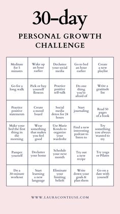a pin that says in a large font 30-Day Personal Growth Challenge Change Your Life Challenge, March Self Growth Challenge, Personality Improvement Tips, Self Improvement Tips Motivation, Self Growth Quotes Personal Development, Self Development Challenge, Daily Habits To Improve Your Life, Getting Your Life Together Checklist, Personal Growth Challenge