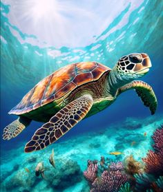 a painting of a sea turtle swimming in the ocean with corals and fish around it