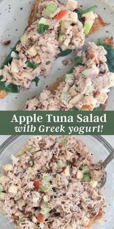 an apple tuna salad with greek yogurt is shown in this collage and it's ready to be eaten