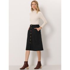 Indulge in a perfect blend of comfort and style with this ribbed corduroy A-line skirt. The high-fitted waist and slightly flared hem add a touch of elegance to the skirt, while the matching waist tie accentuates your curves, creating a flattering silhouette. The elastic waist and belted detail make it comfortable to wear all day long. This versatile skirt is suitable for any occasion, be it a party, a day out shopping, or a day at the office. The midi length adds a touch of sophistication to th Corduroy Midi Skirt, Midi Skirt Black, Midi Skirt With Pockets, Button Front Skirt, Midi Flare Skirt, Midi Length Skirts, Corduroy Fabric, Black Midi Skirt, Fall Skirts