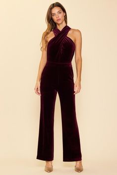 Get Holiday party ready in our Party Perfect Velvet Halter Jumpsuit in Burgundy. This chic and trendy jumpsuit is perfect for parties, events, formals, date nights and more! Featuring a crossover halter neckline, back invisible zipper with hook and clasp, straight legs, and side pockets. Lined. Fit: True to size. 90% Polyester, 10% Spandex. Model is wearing a size Small. Holiday Jumpsuit Outfit, Velvet Jumpsuits For Women, Jumpsuit Outfit Wedding, Holiday Jumpsuit, Bridesmaids Jumpsuits, Burgundy Jumpsuit, Trendy Christmas Outfits, Trendy Jumpsuit, Formal Jumpsuit