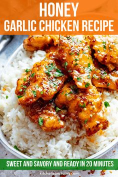 a plate with rice and chicken on it in front of the words, honey garlic chicken recipe sweet and savory and ready in 20 minutes