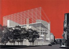 an architectural drawing of a building with red sky in the background and cars driving by