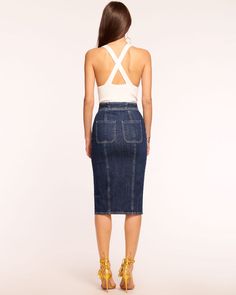 Marietta High-Waisted Denim Skirt in dark wash | Ramy Brook Chic High Waist Denim Blue Mini Skirt, Chic Mid-rise Relaxed Skirt Bottoms, Chic Mid-rise Denim Skirt, Chic Mid-rise Relaxed Skirt, Chic Relaxed Mid-rise Skirt, Chic Mid-rise Mini Skirt In Medium Wash, Chic Medium Wash Mid-rise Mini Skirt, Mid-rise Lined Denim Skirt, Chic High Waist Denim Blue Skirt