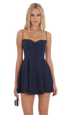 Back Lace A-Line Dress in Navy Blue Hoco Dress, Blue Graduation Dresses, Navy Blue Short Dress, Lace A Line Dress, Cute Homecoming Dresses, Blue Dress Short, Blue Homecoming Dresses, Lucy In The Sky, Casual Day Dresses