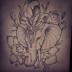 a drawing of an elephant with flowers on it's head and tusks