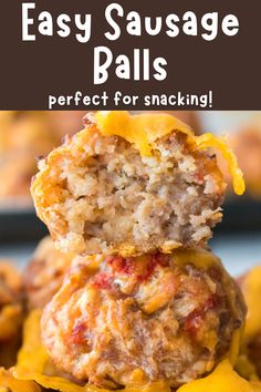 two cheeseburger balls stacked on top of each other with the words easy sausage balls perfect for snacking