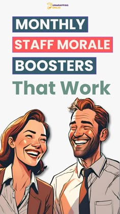 two people are smiling and one is wearing a tie with the words, monthly staff morse boosters that work