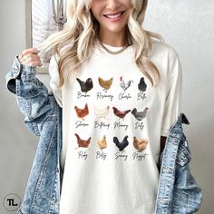 Personalized Chicken Shirt, Comfort Colors, Chicken Lady Shirt, Funny Chicken Shirts, Gift for Chicken Lover, Farm Animal T Shirt, Custom PRODUCTION TIME: 1 - 3 DAYS (usually 2 days) SHIPPING TIME: 2 - 5 DAYS (usually 3 - 4 days) If you need a rush order, please do not hesitate to reach out! ⭐ HOW TO ORDER ⭐: 1)  Please view all of the photos from the listing 2) Please choose your size/style and then your color 3) Please add personalization note if needed 4) Add to cart 5) Go back to add more it Chicken Lady Shirt, Animal T Shirt, Quilt Size Chart, Chicken Shirt, Chicken Lady, Chicken Shirts, Funny Chicken, Chicken Humor, Chicken Lovers