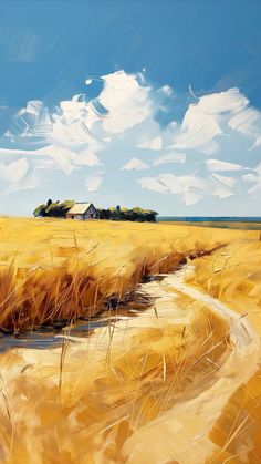 a painting of a wheat field with a house in the distance