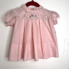 Cherubs Vintage Pink Embroidered Dog Lace Trim Collar Dress size 12mo small stain on back, overall good condition Made in Phillippines >> polyester, cotton blend Embroidered Cotton Dress With Peter Pan Collar, Cotton Smock Dress For Playtime, Pink Cotton Dress With Peter Pan Collar, Cotton Smock Dress With Peter Pan Collar, Vintage Cotton Playtime Dress, Embroidered Dog, Collar Dress, Columbus, Vintage Pink