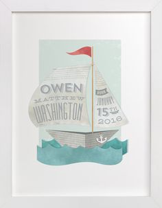 a white framed print with a sailboat on it's side and the words, ow