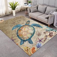 a living room area with a couch and turtle rug