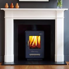 a fireplace with a wood burning stove in it's center and two pears on the mantle