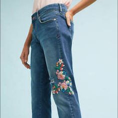 Anthropologie Pilcro & The Letterpress Slim Boyfriend Floral Embroidered Jeans Nwt Size 29 New With Tags These Bohemian Embroidered Jeans Of Premium Denim Are From Anthro’s Exclusive Collection. These Slim Boyfriend Jeans Are Slim Through Thigh & Relaxed At Hem. Wear With A Rolled Cuff To Showcase Yr Favorite Ankle Booties. Denim Is Slightly Thick, Med Wash W Floral In Oranges, Whites, & Pinks. Flat Across Waist 15.5” Hips 18.25” Front Rise- 9.5” Inseam 27” Boyfriend Cut Jeans, Cropped Boyfriend Jeans, Anthropologie Jeans, Toddler Boy Fashion, Jeans Light Wash, Jeans Diy, Boyfriend Style, Embroidered Jeans, Jeans Light