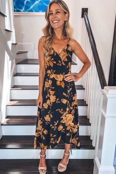 Floral Wrap Maxi Dress | Sophie & Trey Flowy A-line Dress For Brunch, Flowy A-line Brunch Dress, Chic Flowy Maxi Dress For Fall, Fitted Long Sundress For Day Out, Chic Fitted Long Sundress, Long Dress For Fall Brunch, Chic Long Dress For Day Out, Casual Chic A-line Dress, Long Fall Dress For Brunch