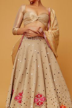 Light brown lehenga with hand embroidered banarasi quilted patches and separate can-can. It is paired with a blouse and a banarasi dupatta featuring sequin and mukaish work.
Components: 4
Pattern: Embellished
Type Of Work: Mukaish
Neckline: Sweetheart neck
Sleeve Type: Half Sleeves
Fabric: Banarasi
Color: Brown
Other Details: 
Non-padded blouse
Attached lining
Occasion: Sangeet, Party - Aza Fashions Fitted Anarkali Embroidered Fabric With Mirror Work, Festive Beige Sets, Festive Cotton Silk Lehenga With Resham Embroidery, Resham Embroidered Cotton Silk Lehenga For Diwali, Beige Fitted Lehenga With Dupatta, Fitted Beige Lehenga With Dupatta, Fitted Bollywood Style Beige Lehenga, Bollywood Style Fitted Beige Lehenga, Fitted Beige Bollywood Lehenga