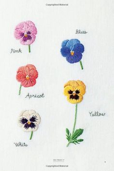 four different types of flowers on a white sheet with japanese writing in the center and below