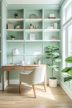 a home office with green walls and shelving