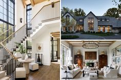 the inside of a house with stairs, couches and tables in front of windows