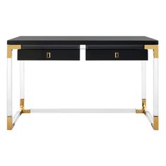 a black and white desk with gold trimmings on the bottom, two drawers