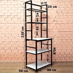 a tall shelf is shown with measurements for the shelves on each side, and in front of a brick wall