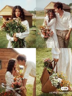 two people standing next to each other with flowers in their hands and one holding a basket